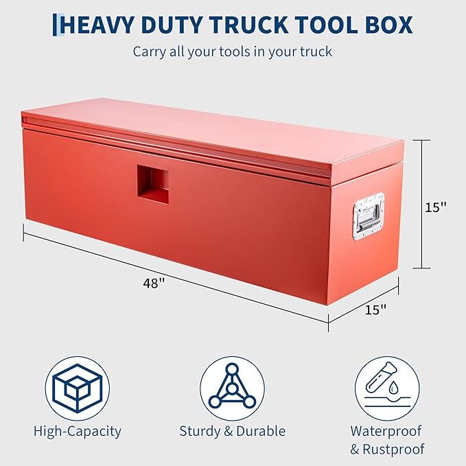 Heavy Duty Steel Truck Toolbox – 76x38x38cm – Gas Shock Lid – t-Handle Lock – Weatherproof Rubber Seal – Secure Underbody Storage Chest – Fits Pickup, Truck Bed, RV, Trailer