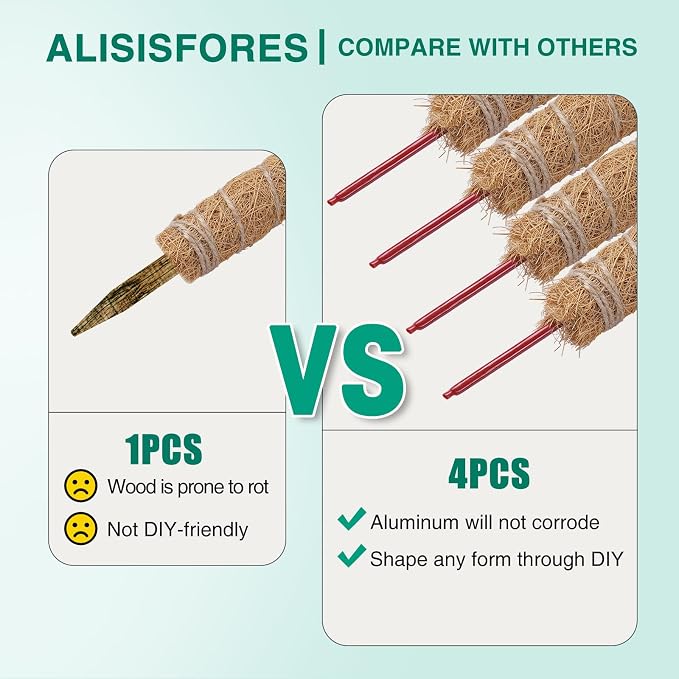 AlisisFores 4 Pcs Bendable Moss Pole for Monstera Plant Support，24 Inch Handmade Coir Pole Stick for Climbing Plants Indoor Plant Stakes for Potted Plants to Grow Upwards