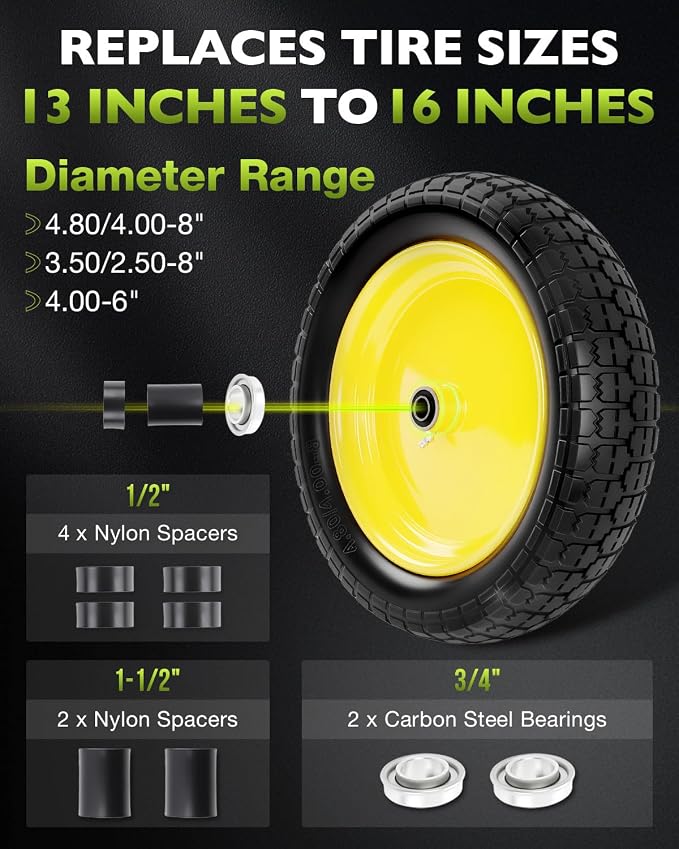 4.80/4.00-8 wheelbarrow tire, 16" Flat Free Solid Tire and Wheel, 3" Centered Hub, 5/8" & 3/4" Bearings, Universal Replacement for Garden Carts Wagon Wheel Barrow, 1 Pack