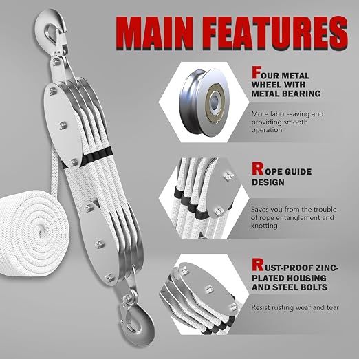 YATOINTO Upgraded Rope Pulley Hoist 4400LBS with Rope Guide, 8:1 Power Pulley Block and Tackle System, 65ft Pulley Block 2200LB Loading Capacity, Heavy Duty Rope Hoist for Hunting Garage Warehouse
