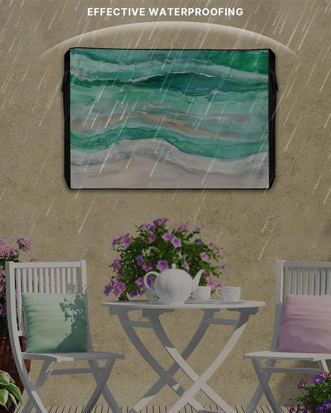 Outdoor TV Cover 48-50 Inch Weatherproof, Green Coastal Outdoor TV Enclosure with Zipper & Roll Up Front Flap, Summer Beach Nautical Abstract Art Waterproof TV Covers for Outside TV