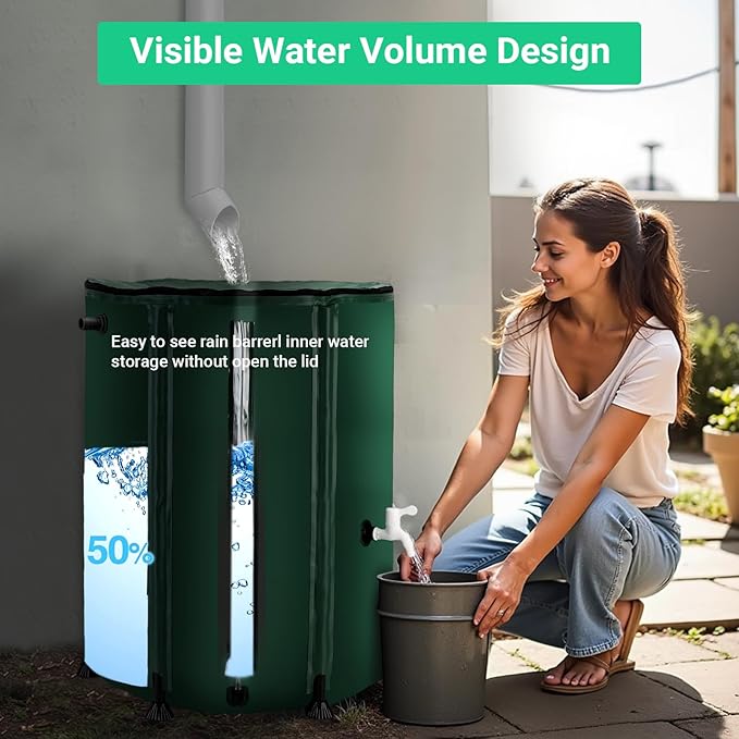 FAMIROSA 50 Gallon / 200L Collapsible Rain Barrel, Foldable PVC Rain Barrels to Collect Rainwater from Gutter, Portable Water Storage Tank Container with Spigot, Water Catcher Collector Green