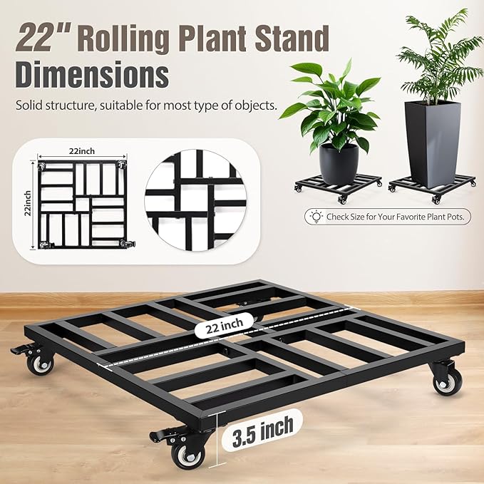 AugFir 22" Plant Caddy with Wheels Heavy Duty, 600lbs Rolling Metal Plant Stand, Square Plant Dolly with Lockable Caster Wheels for Large Planter Pots, Heavy Objects, Ideal for Indoor and Outdoor Use