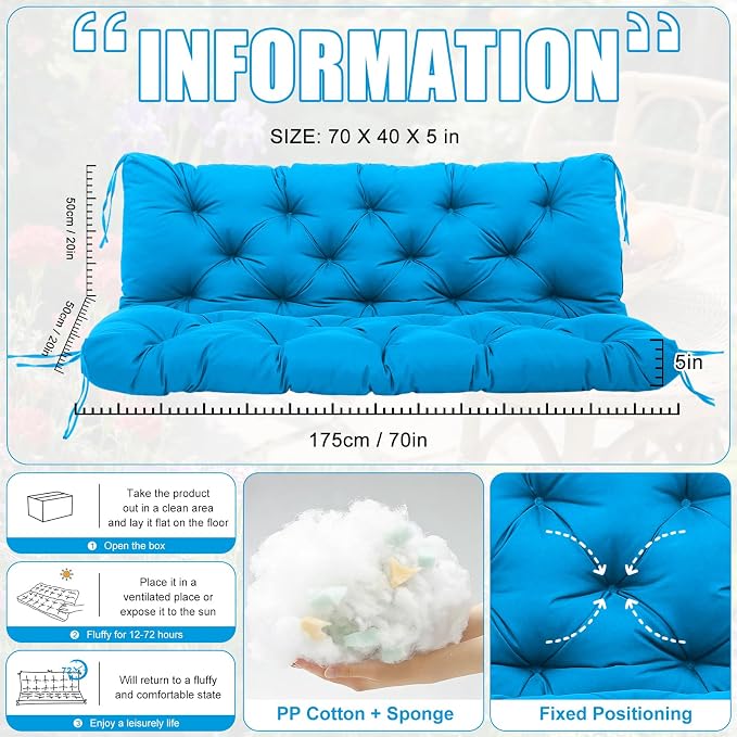 Porch Swing Cushions 3 Seater Replacement Thicken 5" Waterproof & Fade Resistant Swing Cushions for Outdoor Furniture Bench Patio Swing Cushion with Backrest & Ties(Lake Blue 70x40x5inch)