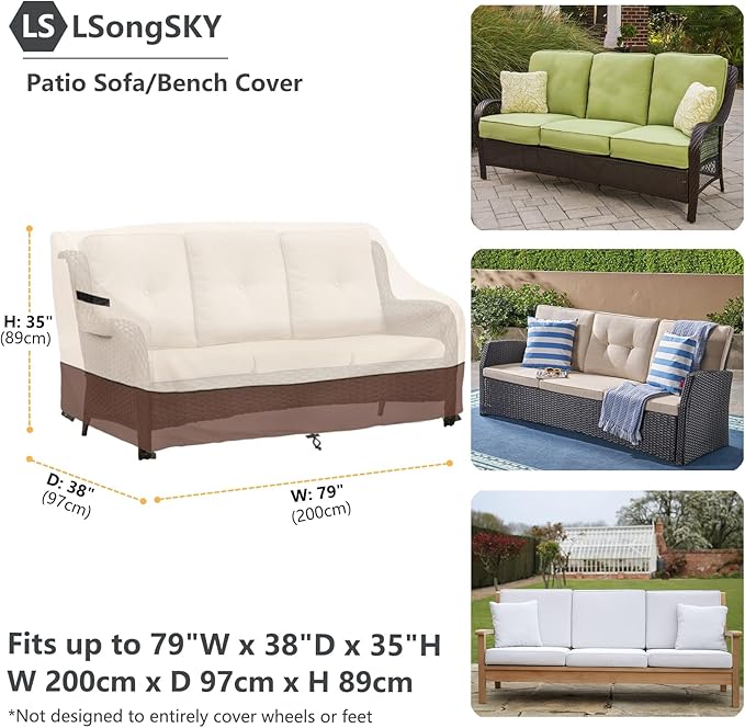 Patio 3-Seater Sofa Cover,Outdoor Couch Cover Fits up to 79W x 37D x 35H Inches,100% Waterproof Heavy Duty Patio Furniture Covers,Beige&Brown