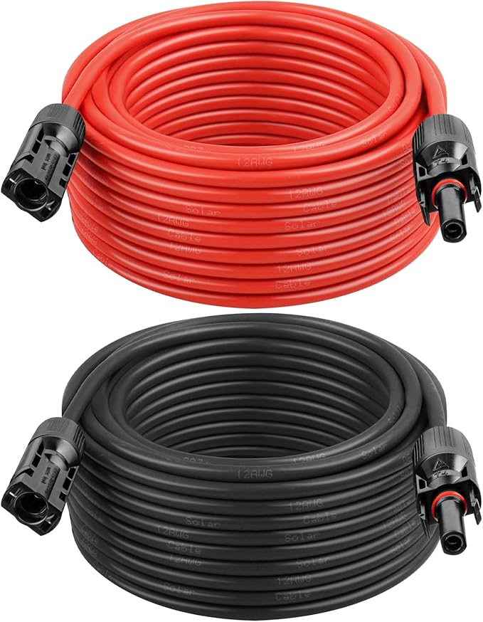 MOOKEERF Solar Panel Extension Cable - 12AWG 100FT Solar Wire with Female & Male Waterproof Connector PV Wire for RV, Photovoltaic Systems, Home, Boat, Solar Panels, Car(100ft Red + 100ft Black)