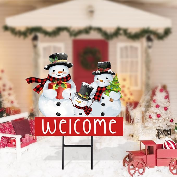 Whaline Christmas Metal Garden Stake Welcome Yard Sign Watercolor Snowman Family Decorative Lawn Sign for Winter Xmas Holiday Home Outside Lawn Porch Walkway Decor