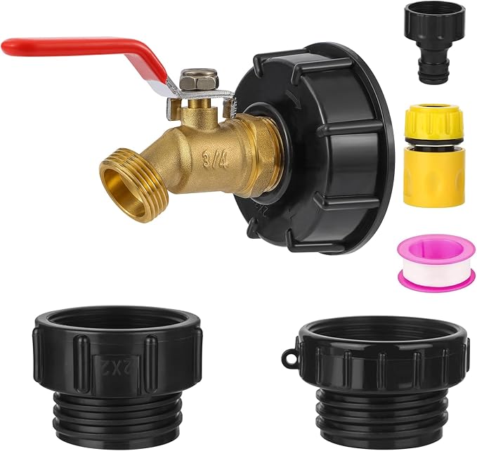 275-330 Gallon IBC Tote Hose Adapter,3-Size IBC Tote Adapter, 2.44" Fine、2 "Fine, and 2" Coarse Thread,3/4" Male NPT Inlet ×3/4" Male GHT Brass Hose Faucet Garden Hose Connector （Red handle）