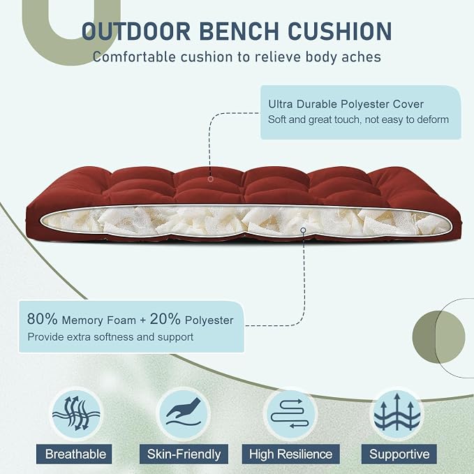 downluxe Outdoor Bench Cushion for Patio Furniture, Water Resistant Tufted Overstuffed Porch Swing Cushions, Thick Outdoor Loveseat Cushions, 44" X 19" X 5", Brick Red, Set of 1