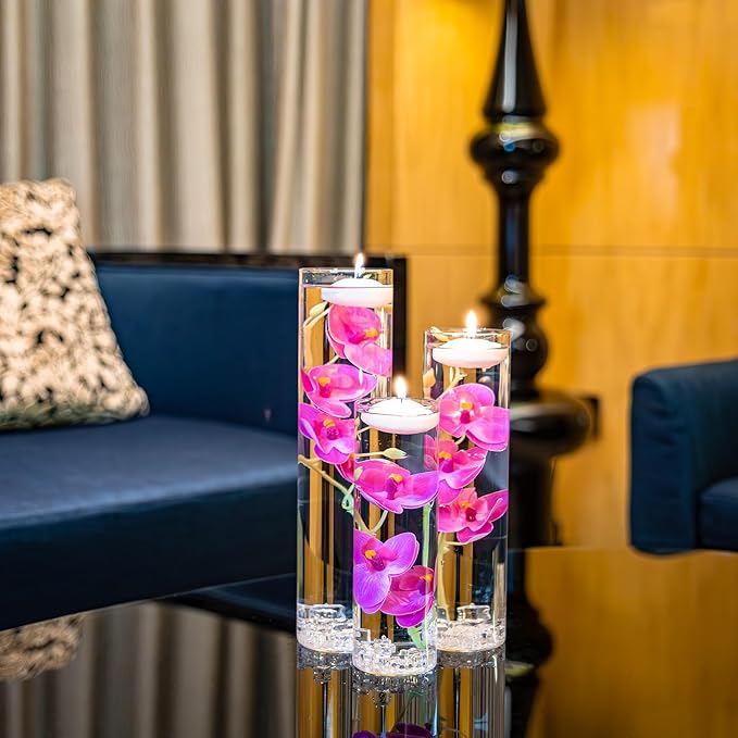 Floating Flower for Table Centerpiece Artificial Light Purple Orchid Glass Cylinder Vase Set with Floating Candles Fake Ice Cubes for Wedding Party Home Bar Restaurant Festival Decoration