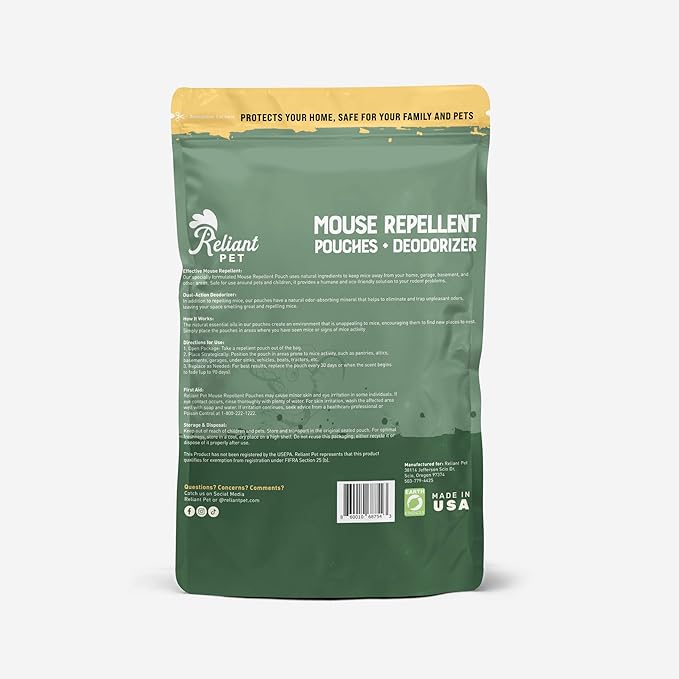 Reliant Pet Mouse Repellent Pouches - Rodent Repellent Made in USA (12 Pouches) - Keep Rodents Out of Cars Engines - Mice Repellent Indoor and Outdoor - Mouse Deterrents that Work with Peppermint Oil