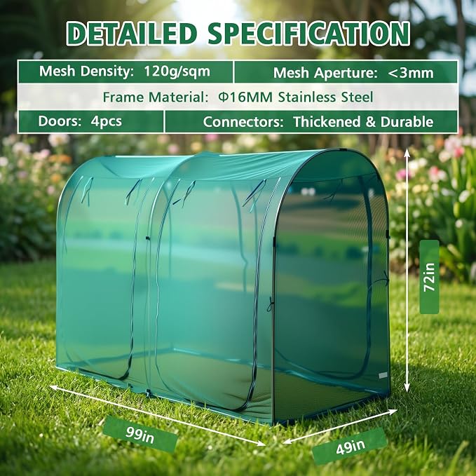 8.2'x4'x6' Crop Cage for Garden, Large Tunnel Plant Netting Cover,4 Roll-Up Zipper Door Garden Cage,Bug Netting Cover for Vegetables &Fruits,Durable Raised Garden Ded Covers Garden Netting