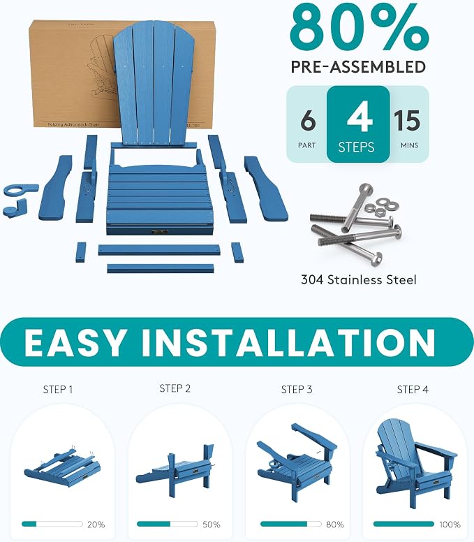 SERWALL Folding Adirondack Chair for Patio Garden Outdoors- Sapphire
