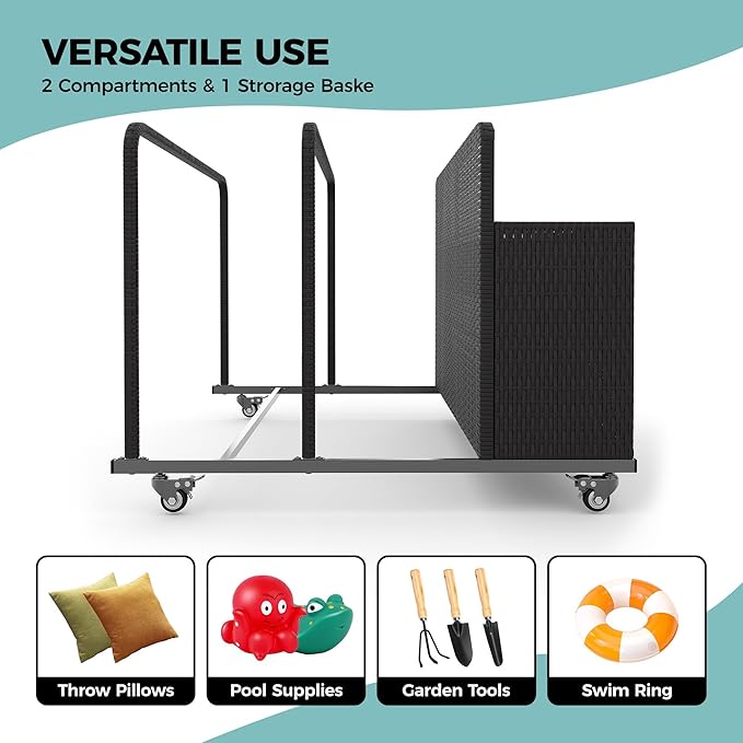 Pool Float Storage Organizer with Rolling Wheels, Outdoor Wicker Rattan Pool Caddy & Toy Storage Basket, All-Weather PE Rattan Holder for Pool Noodles, Life Vests, Beach Balls, Equipment, Patio Deck