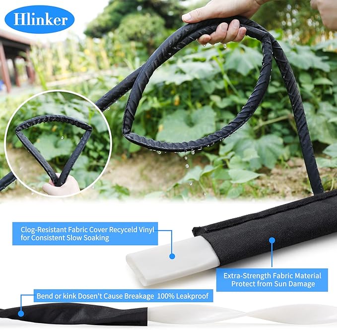 Hlinker Flat Soaker Hose 75 150 FT for Garden Beds, 150FT 1/2" Linkable Consistent Drip Irrigation Hose Save 80% Water, Leakproof Heavy Duty Double Layer Sprinkler Hose