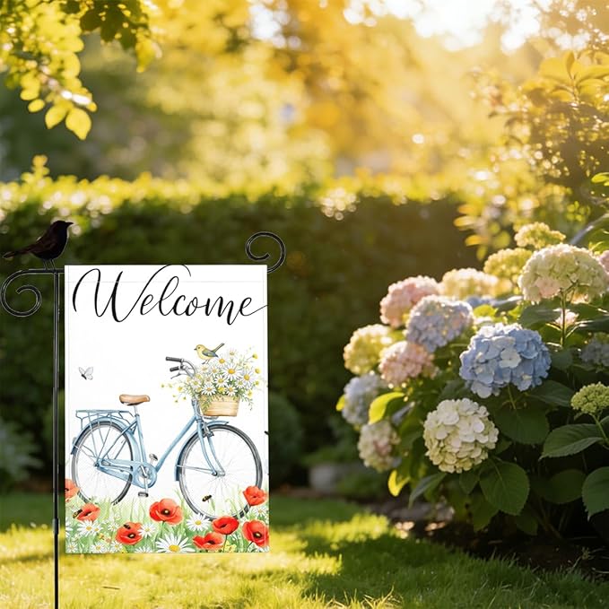 Mugod Bike Garden Flag 12.5x18" Vertical Double Sided, Watercolor Wildflowers Spring Summer Yard Garden House Flag for Outdoor Indoor Decoration
