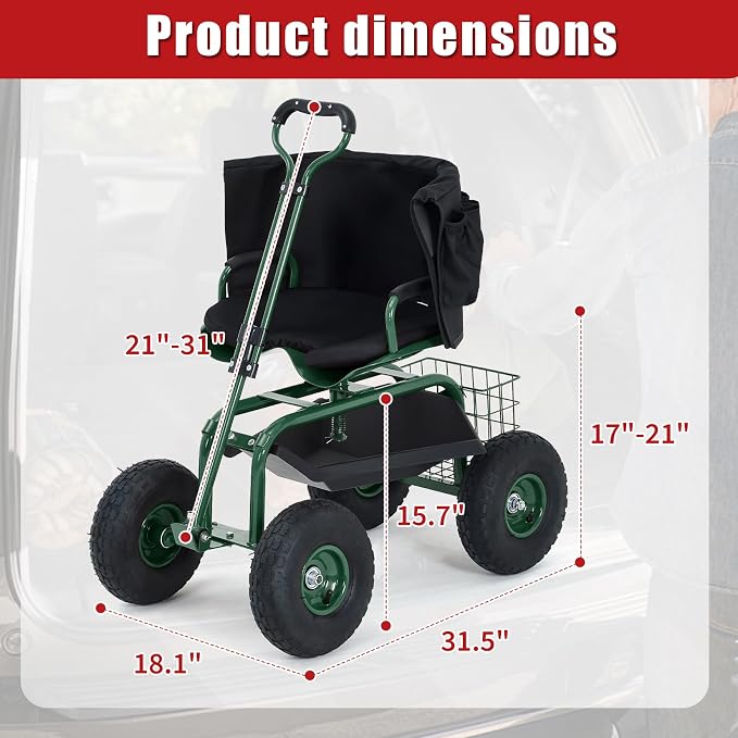 Garden Cart Rolling Workseat with Wheels, 360° Swivel Gardening Stool, Extendable Steering Handle & Utility Tool Tray, 10-Inch Inflatable Tires, Reinforced Steel Construction for Patio, Yard, Outdoor