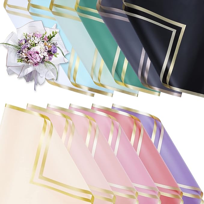 Whaline 120 Pcs Floral Wrapping Paper Folded Flat 12 Colors Gold Edge Waterproof Flowers Florist Bouquet Packaging Paper Colorful Wrapping Supplies for Wedding Birthday Mother's Day Shop DIY Craft