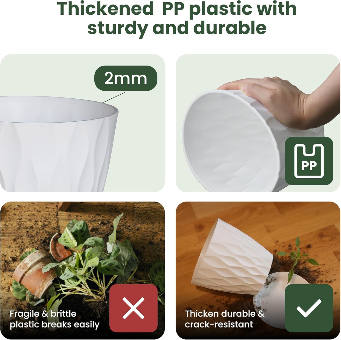 Plastic Plant Pots with Drainage Holes and Saucers, 8/7/6/5/4 Inches Garden Plant Flower Pots for Indoor Planter, 5 Pack Nursery Planting Pot for Indoor & Outdoor House Plants (White, 8/7/6/5/4)