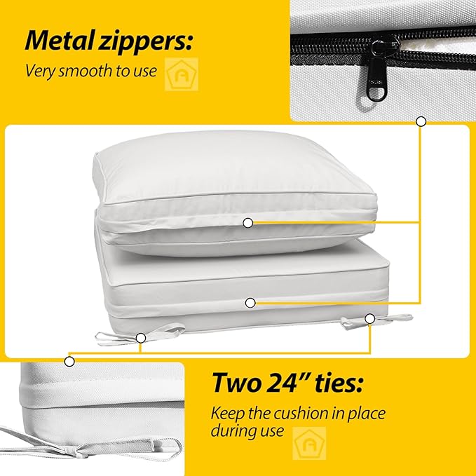 AAAAAcessories Outdoor Deep Seat Cushions with Double Welted Pillow, Waterproof, Fade-Resistant Patio Furniture Replacement Cushions, 25.5" x 25.5" x 5" + 25.5" x 19", Creamy White