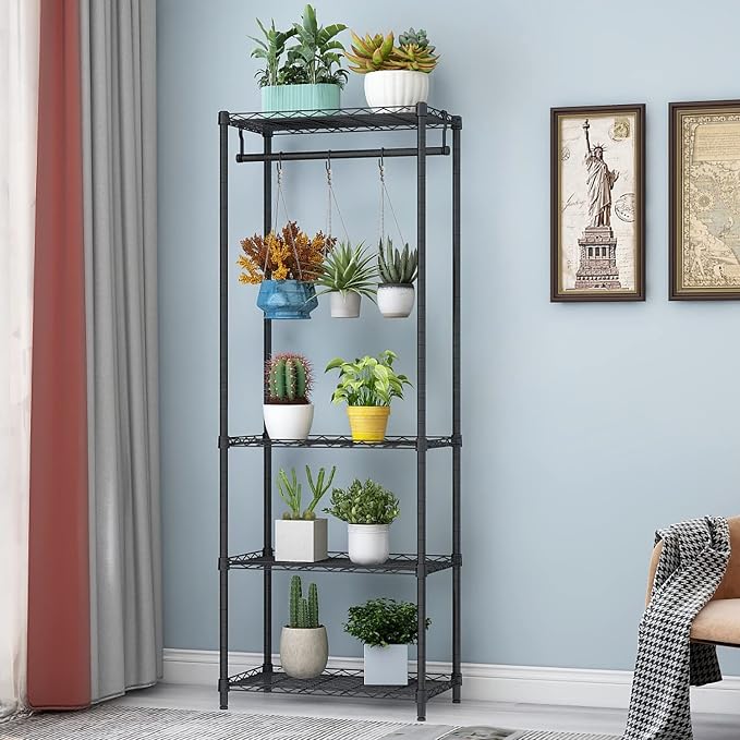 Xiofio 4-Tier Plant Shelf for Indoor Plants Outdoor, Large Multiple Flower Pot Holder Rack，Hanging Plant Stand 6pcs Hooks ,Adjustable Plant Stand Suitable for Bedroom Living Room Balcony Garden,Black