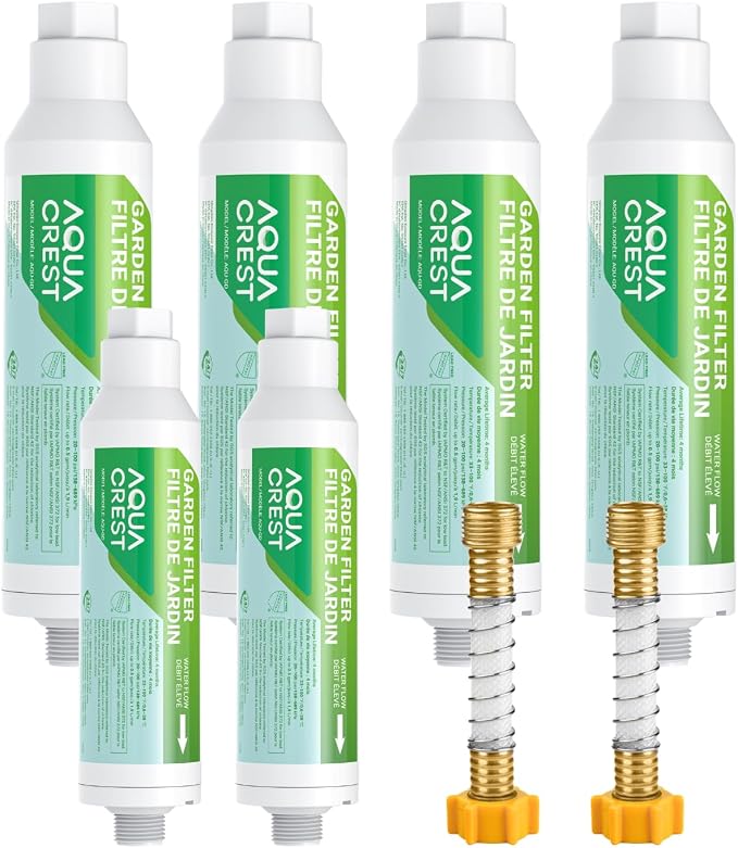 AQUA CREST Garden Hose Water Filter for Plants, Greatly Reduces Chlorine, Odor, Improve Plants Health, Ideal for Organic Gardening, Farming and Pets, 6 Pack with 2 Hose Protector
