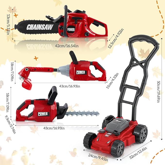 Arrowbash 4 Pcs Toy Gardening Tool Set for Kids Toy Weed Trimmer Chainsaw Hedge Trimmer Push Lawn Mower Battery Role Play Set Christmas Birthday Party Gift for Boys Girls