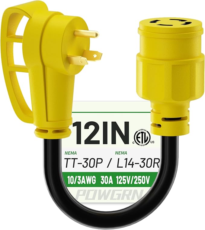 POWGRN 30 Amp to 30 Amp RV Generator Adapter Cord 1FT(12 Inch), NEMA TT-30 Male Plug to NEMA L14-30 Female Plug, 3 Prong Heavy Duty Power Cord, 10 Gauge STW, 30A 125V/250V, Black-Yellow, ETL Listed