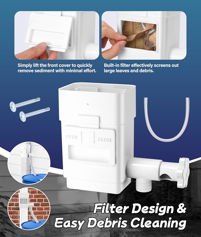 2026 Upgraded Rain Barrel Diverter Kit, Rainwater Collection System with Built-in Filter Screen, Fits 2x3 or 3x4 inch Standard Downspout, Includes 3/4’’ GHT Rain Barrel Spigot, 39.37’’ Hose, White