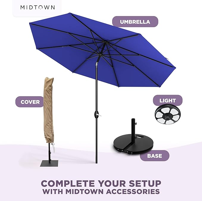 Midtown Umbrellas - 10-Year-No-Fade 10 Ft Patio Umbrella with Terylast Fabric, Auto-Tilt Aluminum Frame and 8 Reinforced Ribs for Deck, Pool, Garden & Beach - Royal Blue Canopy, Black Pole