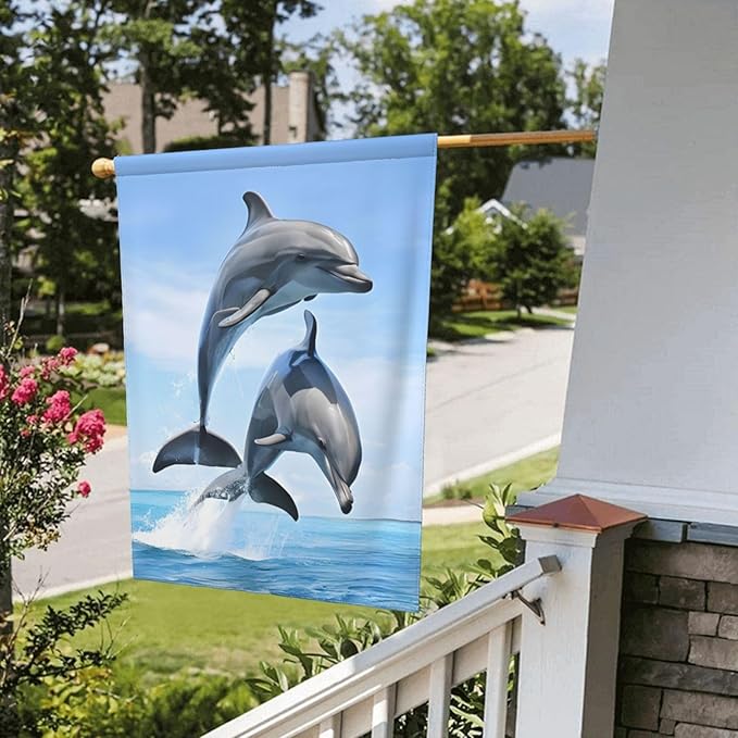 Delerain Dolphins Garden Flag, 12.5 x 18 Inch Double Sided Design Weather Resistant Indoor & Outdoor Decoration Small Banner for Home Yard Lawn Patio Office