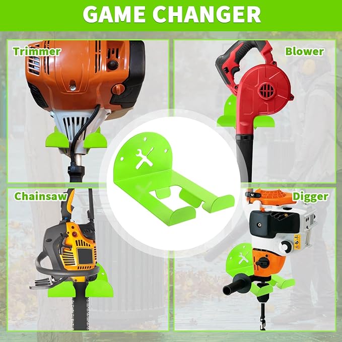 Upgraded Trimmer Rack Wall Mount - 8" Heavy Duty Weed Eater Hanger for Garage Wall, Garden Power Tool Holder Organizer Hooks for Grass Trimmer, Hedge Trimmer, Leaf Blower and Chainsaw, Green, 2 Pack