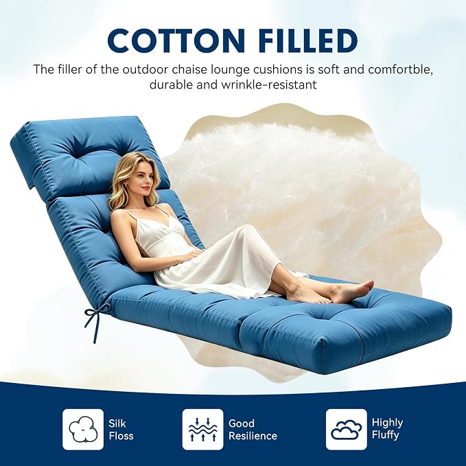 Non-Slip Outdoor Chaise Lounge Chair Cushion, Waterproof 74.4 x 22 x 4.7 Inches Lounge Chair Cushion for Outdoor Patio Furniture with Ties, Pool Chaise Lounge Cushions Replacement, Royal Blue