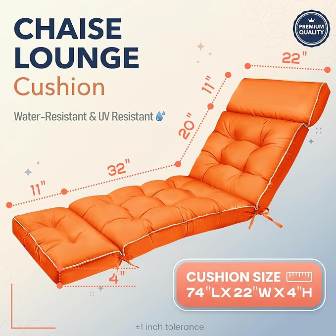 MAGIC ELEPHANT Chaise Lounge Cushions Outdoor, Memory Foam Replacement Patio Pool Lounge Chair Cushion with Ties for Outdoor Furniture, 74 x 22 x 4 Inch (Orange)