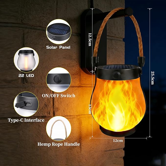 2 Pack Solar Lanterns Outdoor Waterproof, Flickering Flame Hanging Lanterns Decorative Outdoor with 2 Modes, Dual Charging USB & Solar-Powered Outdoors Lantern for Porch Yard Patio Tree Garden Decor