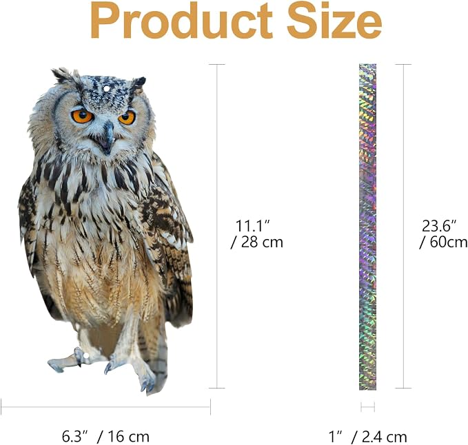 Fake Owl to Scare Pigeons Woodpecker, 2Pcs Flat Garden Owls to Keep Pigeons Squirrels Away from Outdoor, Plastic Owl to Scare Woodpecker from House, Hanging Owls with Reflective Tape for Roof Patio