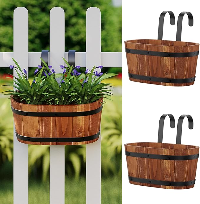 Hanging Wooden Flower Pots, Railing Planter for Any Balcony, Porch or Deck Countryside Style with Detachable Hooks for Garden Yard Home Decor (Brown)