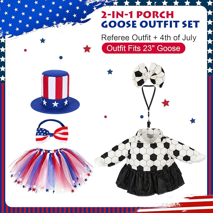 2 Set Porch Goose Outfits Football Referee & Patriotic Goose Clothes Fit 23" Plastic/Cement/Concrete Geese Statues, the World Cup & Independence Day Garden, Patio, Yard & Lawn Decor