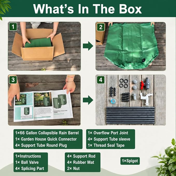 66 Gallon Collapsible Rain Barrel, Portable Rainwater Collection System with Spigot & PTFE Thread Seal Tape, Foldable Water Storage Tank for Garden, Patio & Balcony