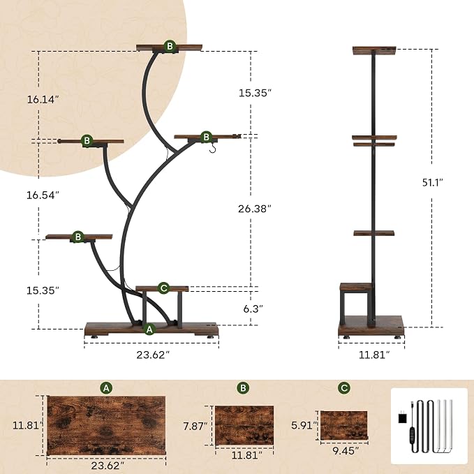 Yzosvki Plant Stand Indoor with Grow Lights, 6 Tiered Large Plant Shelf Flower Stand, Tall Plant Shelves for Living Room, Patio, Corner, Heavy Duty, Rustic Brown and Black