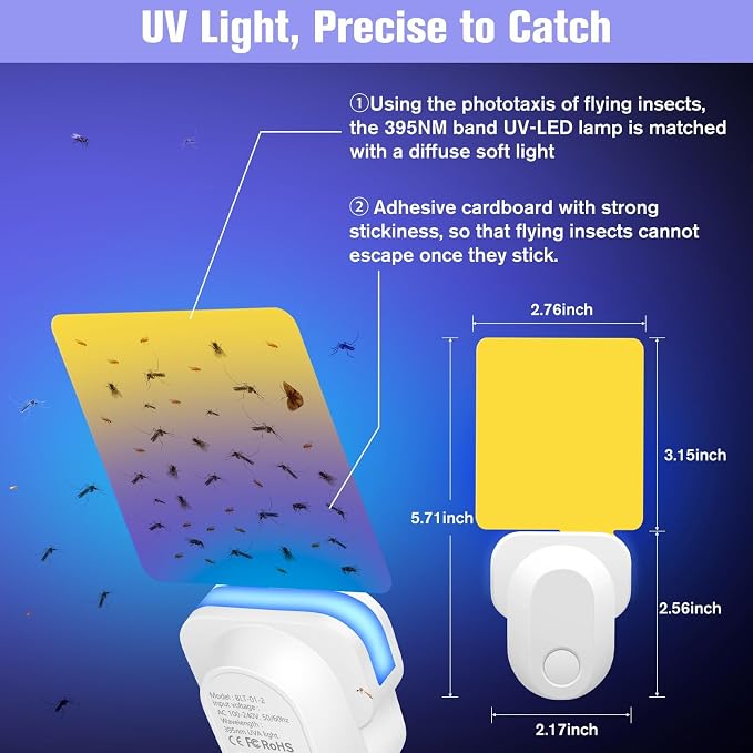 Flying Insect Trap Plug-in, Indoor Mosquito & Gnat Killer, Safe Non-Toxic UV Light Fly Catcher, Night Light Bug Trap with Sticky Pad for Flies, Gnats, Moths (2 Pack, Bright White)