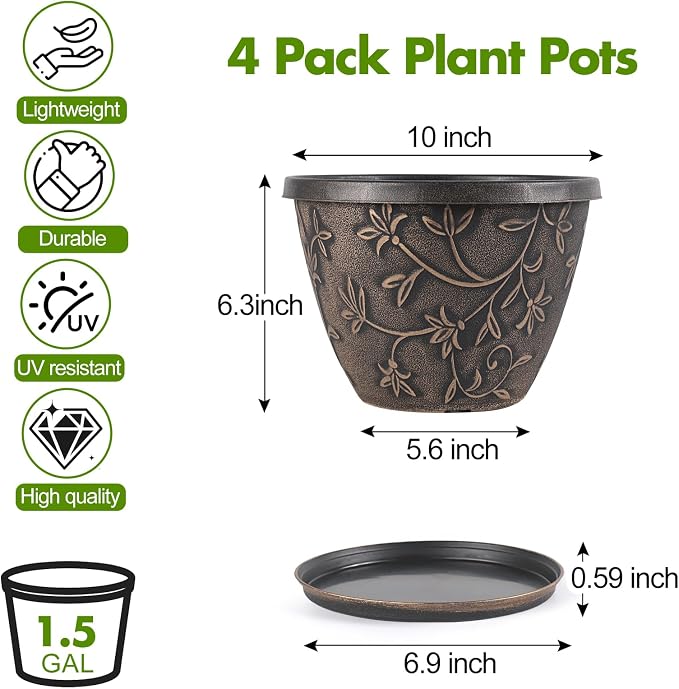 Nooulap 10 Inch Plant Pot with Drainage, Plastic Planter for Indoor Outdoor Plants, Medium Flower Pots for Patio, Balcony Garden Decor, Brown Vintage Flower Pattern