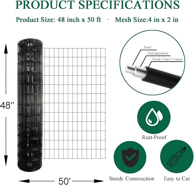 FOREHOGAR Black PVC Coated Welded Wire Fence 48 Inch x 50 Foot, 2 Inch x 4 Inch 14GA, Garden Border Fencing Roll Vinyl Coating Metal Wire Mesh Hardware Cloth for Yard Vegetable Plant Protection