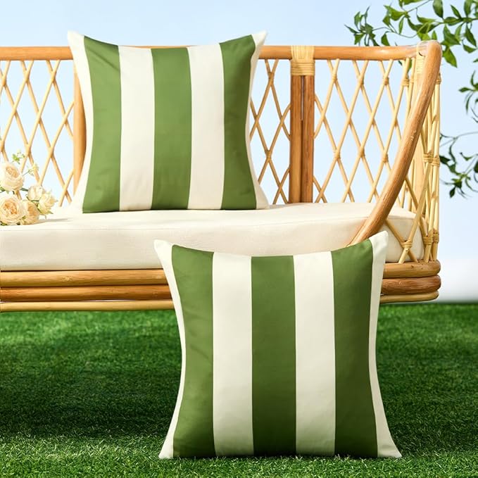 Allorry Outdoor Pillow Covers 20x20 Set of 2 Olive Green Striped Decoration Throw Pillow Covers for Spring Summer Outdoor Waterproof Garden Patio Furniture Sofa Bed Home Decor JB007-B20