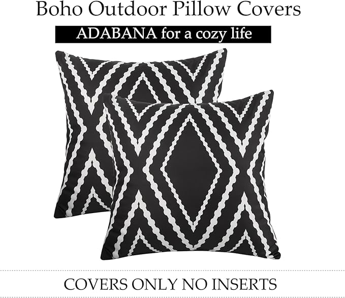 Adabana Outdoor Waterproof Throw Pillow Covers Set of 2 Boho Geometric Pillows Cover for Patio Garden 22 x 22 Inch Black and White