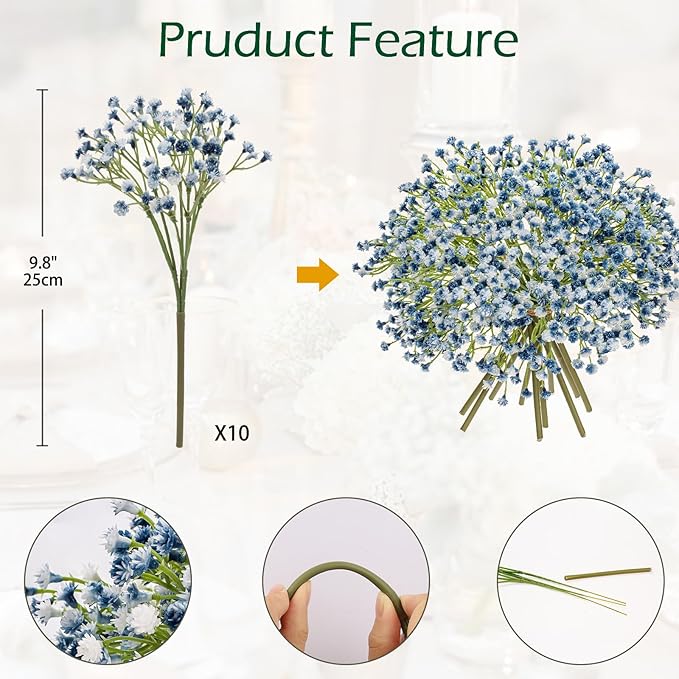 Baby's Breath Artificial Flowers Bulk 10 Pack (30pcs) Faux Baby Breath Plastic Flower Fake Gypsophila Flower Arrangement for Crafts Fake Flowers Bouquet for Wedding Centerpieces Blue Baby Breath