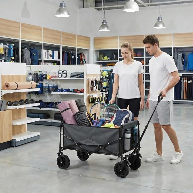 DUMOS Collapsible Wagon Cart, Heavy Duty Foldable Utility Wagon with Lockable Brake Wheels – 330 lbs Capacity, Flexible Handle for Beach, Garden, Sports, Grocery & Camping, Gray
