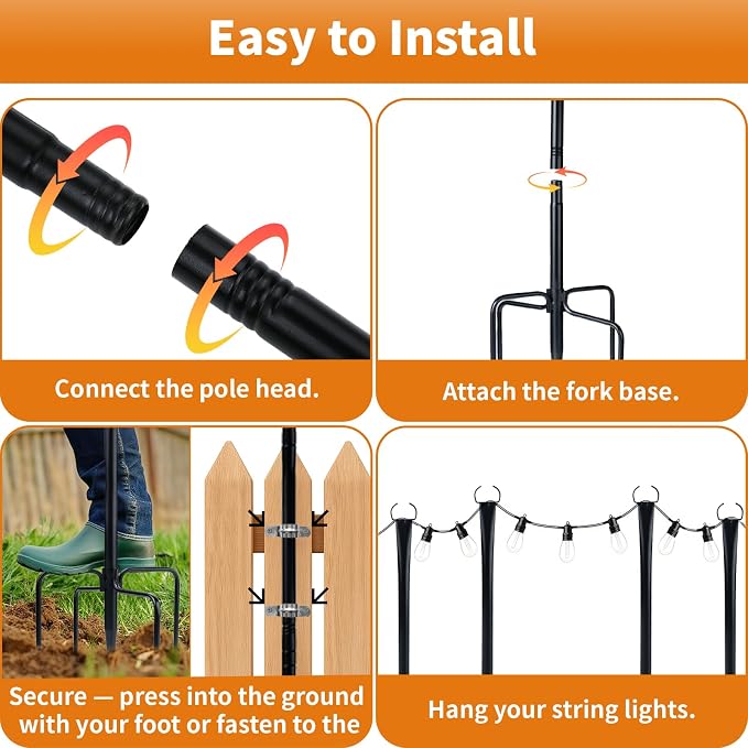 4 Pack 10FT String Light Poles for Outside, Heavy Duty Metal Poles with Fork Base & Hooks, Rustproof Poles for Hanging Lights on Patio, Deck, Backyard, Garden, Wedding, Party