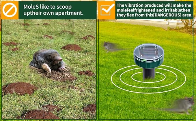 Green 8 Mole Repellent for lawns Gopher Repellent Ultrasonic Solar Powered Snake Repellent Deterrent Mole Repeller Vole Repellent Outdoor Lawns Garden Yard All Pests Sonic Spikes Stakes Chaser upgrade