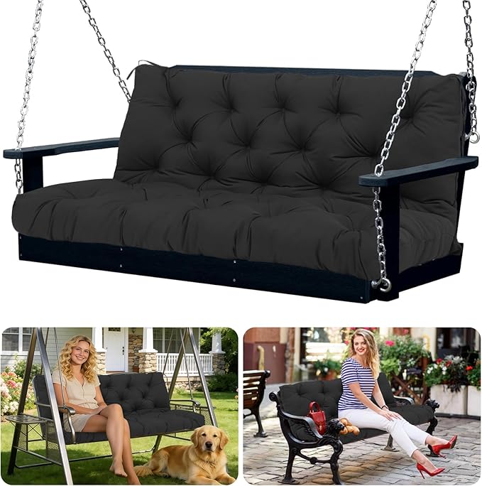 Porch Swing Cushions 3 Seater Replacement Thicken 5" Waterproof & Fade Resistant Swing Cushions for Outdoor Furniture Bench Patio Swing Cushion with Backrest & Ties(Black 60x40x5inch)